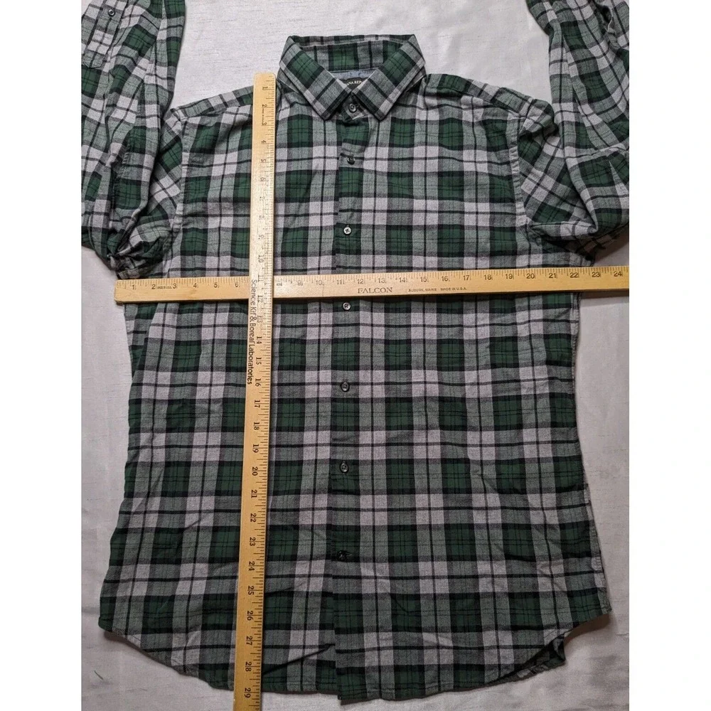 BANANA REPUBLIC Men‎ Large Green Gray Plaid Cotton FLANNEL Shirt